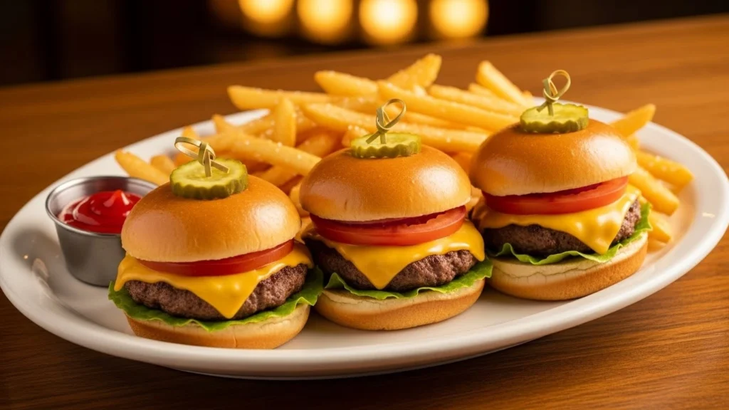 Cracker Barrel–style Lil’ Barrel Cheeseburgers served as mini cheeseburgers on soft buns, juicy beef patties with melted American cheese, simple toppings, arranged neatly on a white plate with fries, Southern comfort diner style, warm lighting, ultra-realistic food photography, 4K detail