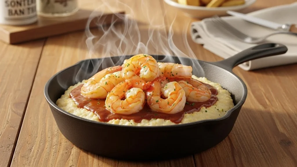 Ultra-realistic food photography of Cracker Barrel Monday Shrimp and Grits Skillet, served in a rustic cast-iron skillet. Tender sautéed shrimp layered over creamy stone-ground grits, coated in a rich Southern-style savory sauce. Light steam rising, glossy textures, warm golden lighting, shallow depth of field. Background features a wooden country table with subtle farmhouse decor, folded cloth napkin, and classic Cracker Barrel